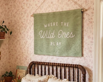 Where the wild ones play Cotton Tapestry - Handmade Loom Woven Wall Decor for Girls' / Boys' Room or Playroom