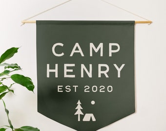 Custom Camp Banner, Camp Themed Party Decor, Personalized Name Baby or Kids Room Wall Flag