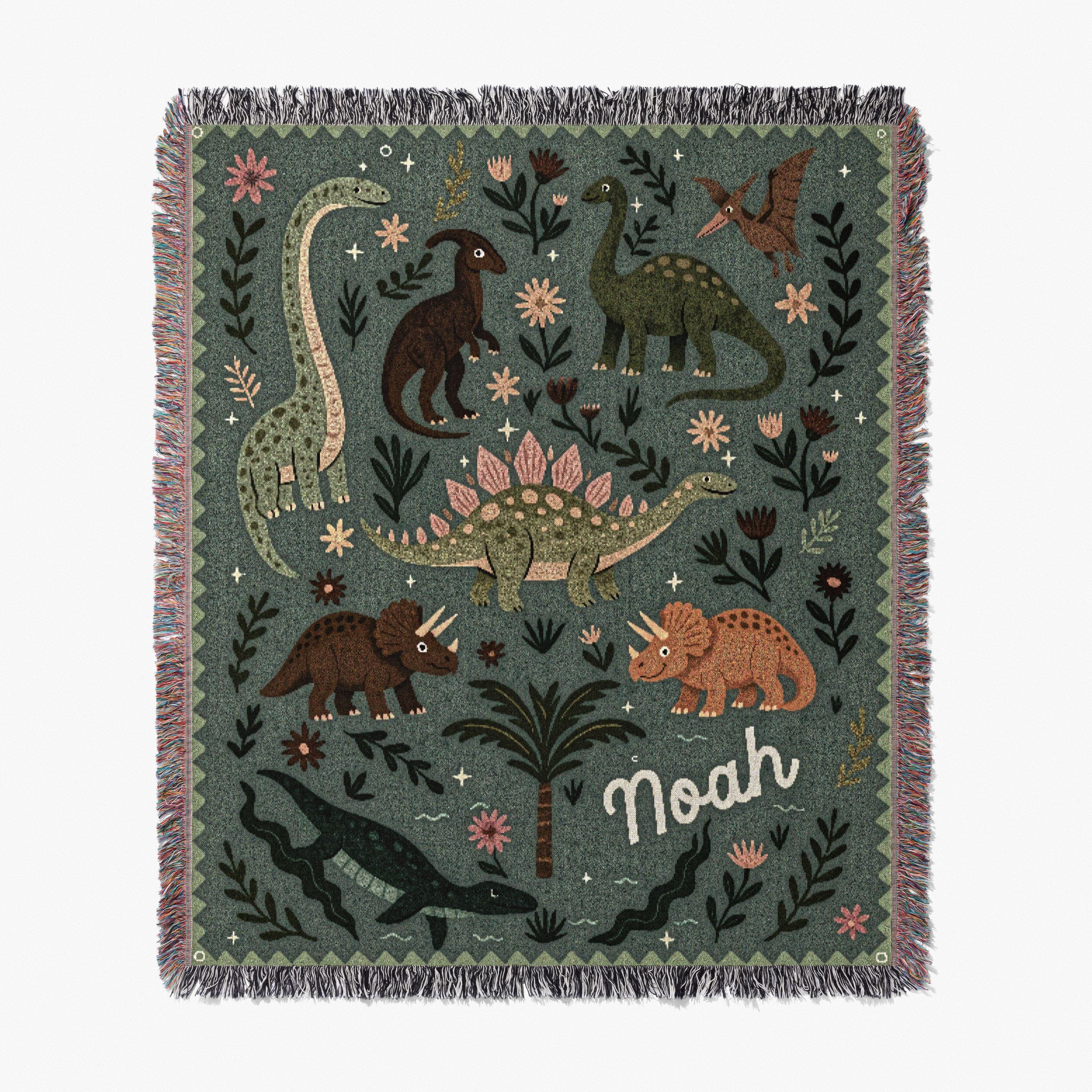 Personalized Dinosaur Blanket - Cute Triceratops Stegosaurus with Name - 100% cotton throw for dino themed room