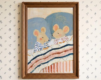 May include: A framed painting depicting two beige mice wearing striped shirts, tucked into a bed with a multi-colored striped blanket. The mice have closed eyes and are resting against large, rounded blue pillows in a soft, textured art style.