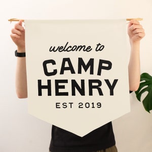 Personalized Camp Banner, Camp Themed Party Decor, Custom Name Baby or Kids Room Wall Flag