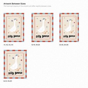 May include: Artwork prints featuring a whimsical goose wearing a blue cap, with the text "silly goose." The artwork has a cream background with stars and a red, white, and blue border. Available in various sizes, including 8x10 inches and 12x16 inches.