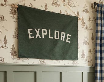 Explore Wall Hanging, Woven Adventure Decor for a Camping Nursery or Boys Room