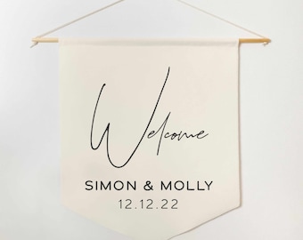 Benutzerdefinierte Hochzeitsbanner | Wimpelkette | Personalisierte Willkommensbanner | Hochzeitstag Dekor | Hochzeit Geschenk | Benutzerdefinierte Zeichen Canvas Flagge