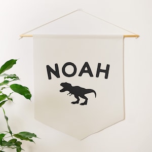 Custom T-Rex Dinosaur Name Banner | Custom Name Canvas Flag | Custom Wall Hanging | Wall Decor Art - Boys Room - Dino Dinosaur Decor