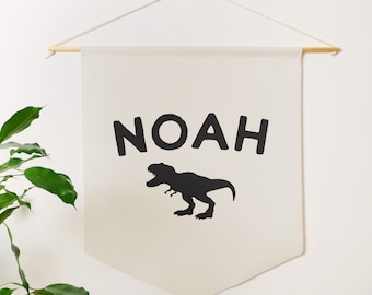 Custom T-Rex Dinosaur Name Banner | Custom Name Canvas Flag | Custom Wall Hanging | Wall Decor Art - Boys Room - Dino Dinosaur Decor