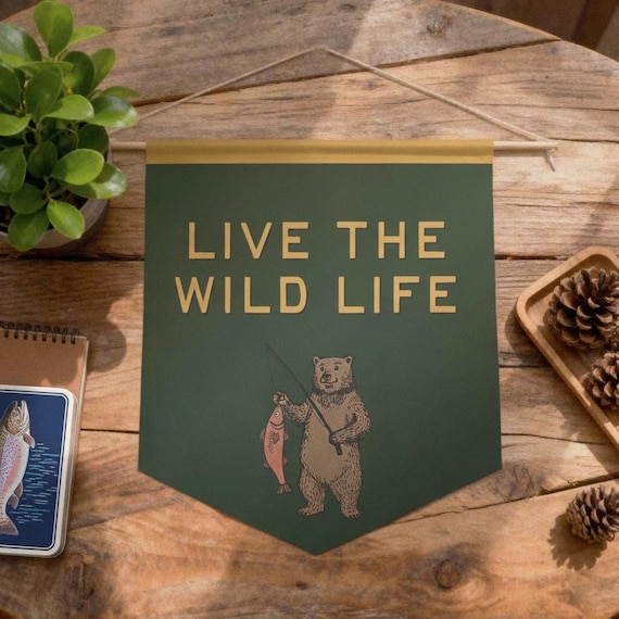 Live the Wild Life Banner – Woodland Bear Pennant for Kids Room or Nursery Wall Decor