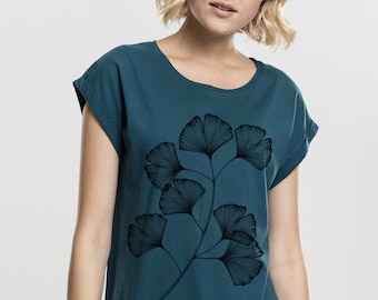 T-shirt manches courtes femme bleu canard, imprimé GINGKO, 100% coton, streetwear, botanique, nature, vêtement, illustration, casual, loose
