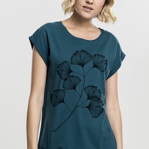 Damen Kurzarm-T-Shirt in Entenblau, GINGKO-Print, 100% Baumwolle, Streetwear, Botanik, Natur, Kleidung, Illustration, lässig, locker