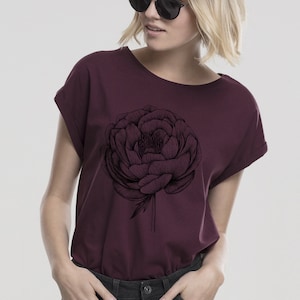 Burgunderrotes Damen-Kurzarm-T-Shirt, PEONY-Aufdruck, 100 % Baumwolle, Streetwear, botanisch, Natur, Kleidung, Illustration, lässig, locker