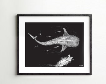 Starry ocean - Limited edition of screen print, whale shark, poetry, ocean, illustration, marine, family, sailing, fish,  2 sizes
