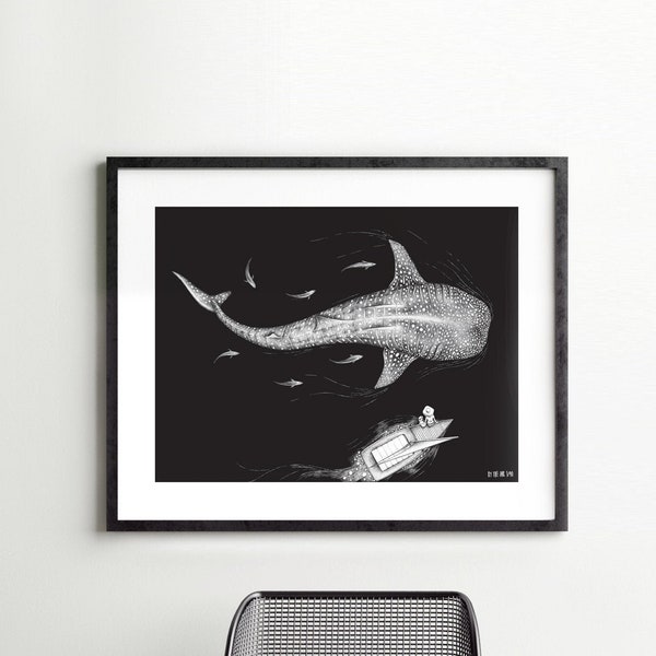 Starry ocean - Limited edition of screen print, whale shark, poetry, ocean, illustration, marine, family, sailing, fish,  2 sizes