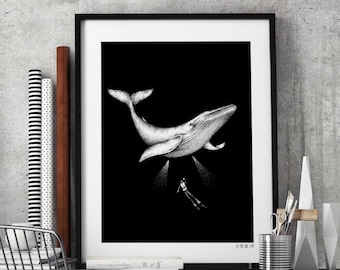 Fantastisch duiken - Zeefdruk, limited edition, fine art poster, bultrug, duiker, zwart-wit poster, oceaan, droom