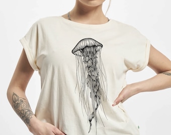 T-shirt manches courtes femme écru, imprimé MÉDUSE, 100% coton, naturaliste, streetwear, ocean, vêtement, illustration, casual