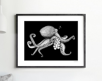 Octopus garden - Sérigraphie, affiche, édition limitée, pieuvre, noir et blanc, affiche, illustration marine, fine art, estampe, poulpe