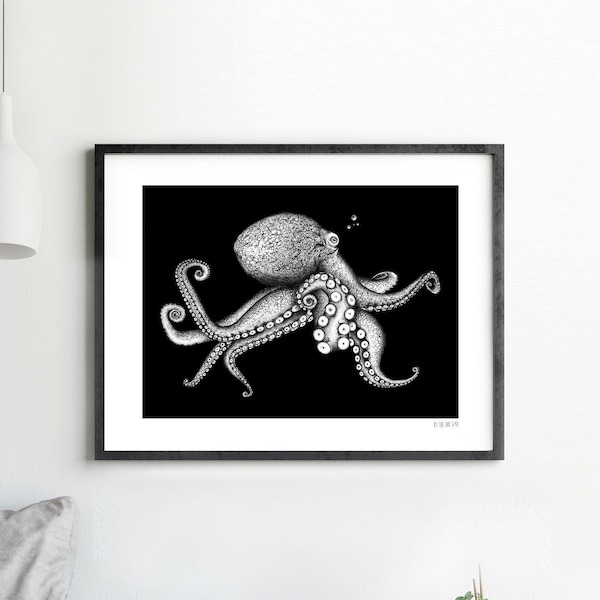 Octopus garden - Sérigraphie, affiche, édition limitée, pieuvre, noir et blanc, affiche, illustration marine, fine art, estampe, poulpe
