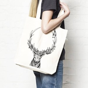 Tote bag made from recycled materials, deer print, organic cotton and polyester, fern, casual fashion, nature, illustration, shopper