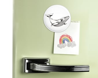 Magnet rond rigide BALEINE, finition mate, frigo, mémo, penses-bêtes, magnet photo, diamètre 56 mm, illustration, noir et blanc, bureau