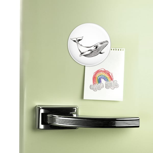 Magnet rond rigide BALEINE, finition mate, frigo, mémo, penses-bêtes, magnet photo, diamètre 56 mm, illustration, noir et blanc, bureau