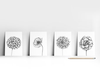 Collection of 4 Postcards FLOWERS : Hydrangea, Poppy, Dalhia & Gardenia