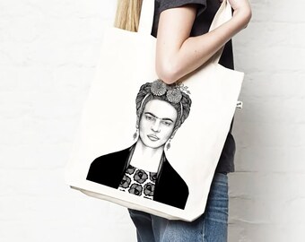 Tote bag éco-conçu, imprimé Frida Kahlo, naturel, coton bio, matériaux recyclés, naturaliste, look casual, sac shopping, illustration