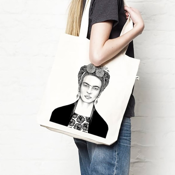 Tote bag éco-conçu, imprimé Frida Kahlo, naturel, coton bio, matériaux recyclés, naturaliste, look casual, sac shopping, illustration