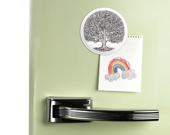 Round magnet badge TREE OF LIFE, matte finish, Ø 56 mm, memo, black and white illustration, photo magnet, botanical, office, fridge, ginko
