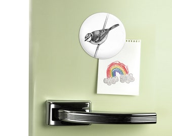 Round magnet badge TIT, matte finish, Ø 56 mm, memo, black and white illustration, photo magnet, botanical, office, fridge, bird