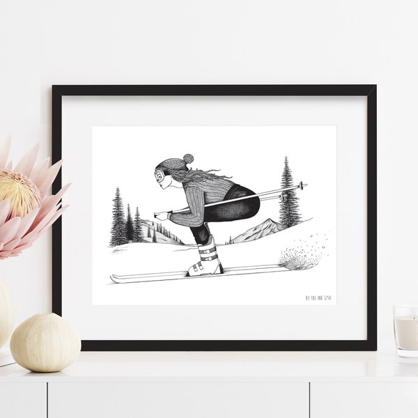 La pyrénéenne - Tirage d'art, illustration 24x30 cm, passe-partout inclus, rétro, ski, glisse, hiver, affiche, neige, skieuse, paysage