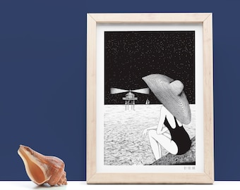 Contemplative getaway - Limited edition of screen print - print, ocean, illustration, vintage, woman, retro, fine art print, ocean