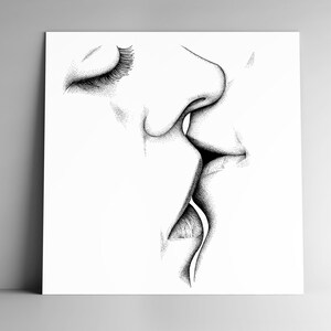 Carte LE BAISER et son enveloppe, carrée, 350 g, papier blanc mat, papeterie, illustration, couple, amour, saint-valentin, désir, amoureux