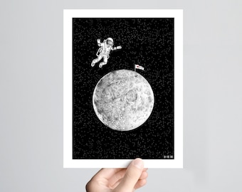 Fly me to the moon, affiche petit format signée, 15 x 20 cm, illustration à l'encre en noir et blanc, cosmonaute, amour, je t'aime, lune