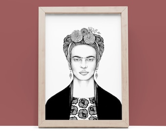 Frida - fine art poster, frida kahlo, inkt, tekening, poster, botanische illustratie, portret, print, natuuronderzoeker, feminisme, vrouwenclub