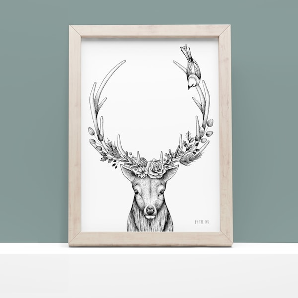 Dans mon jardin d'hiver - Affiche fine art, Cerf, inspiration Frida, dessin, forêt enchantée, nature, noël, décoration, illustration, A4, A3