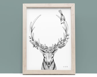In my winter garden - A3 print signed, deer, Frida inspiration, drawing, magic forest, nature, christmas, wall decor, illustration, bird