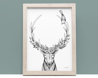 Dans mon jardin d'hiver - Affiche fine art, Cerf, inspiration Frida, dessin, forêt enchantée, nature, noël, décoration, illustration, A4, A3