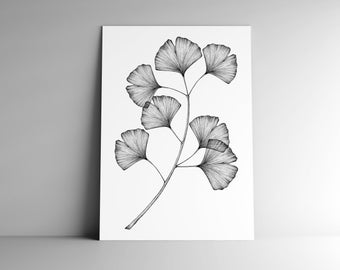 Carte postale GINGKO branche et son enveloppe, format A6, papier blanc mat 350g, courrier, papeterie, illustration végétale, botanique