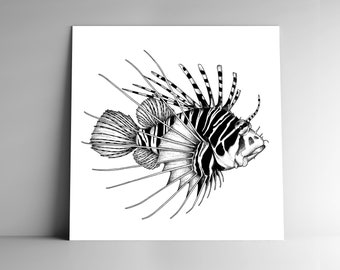 Post card LIONFISH and mailing enveloppe, square, 350g white matte paper, mail, stationery, illustration, dotwork, ocean, scorpion fish