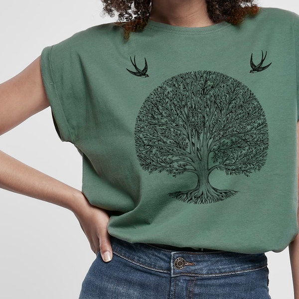 T-shirt manches courtes femme vert, imprimé ARBRE DE VIE, 100% coton, streetwear, botanique, nature, vêtement, illustration, casual, loose