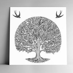 Carte postale ARBRE DE VIE et son enveloppe, carrée, 350 g, papier blanc mat, papeterie, illustration, botanique, spiritualité, nature