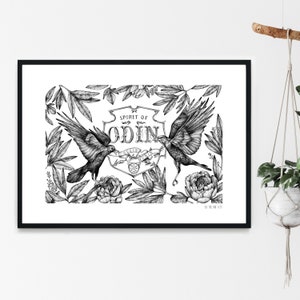 Ravens of Odin - limited edition of screen printing, scandinavian mythology, black and white print, big format, botanical illustration