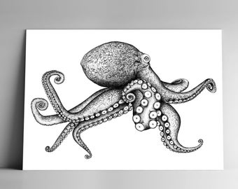 Carte postale OCTOPUS et son enveloppe, format A6, 350 g, papier blanc mat, courrier, papeterie, fond marin, pieuvre, nature, océan