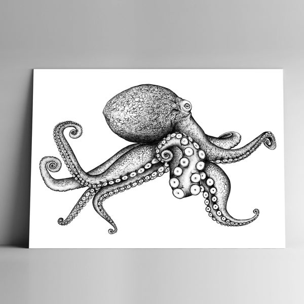 Post card OCTOPUS and mailing enveloppe, format A6, 350 g, white matte paper, mail, stationery, illustration, dotwork, nature, ocean
