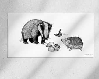 In the Fontainebleau forest - badger, hedgehog, fine art print, bestiary, kids illustration, black and white, wall decor, prints, animals