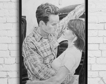 Beverly Hills 90210 Poster, Dylan and Brenda's Long Goodbye, wall art prints from a 90s, pencil portrait black and white art