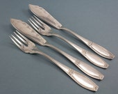 2 fish forks, 2 fish knives, fish cutlery, silver plated, antique, candle light dinner