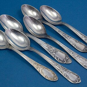 6 silver plated mocha spoons, small rococo spoons, mismatched