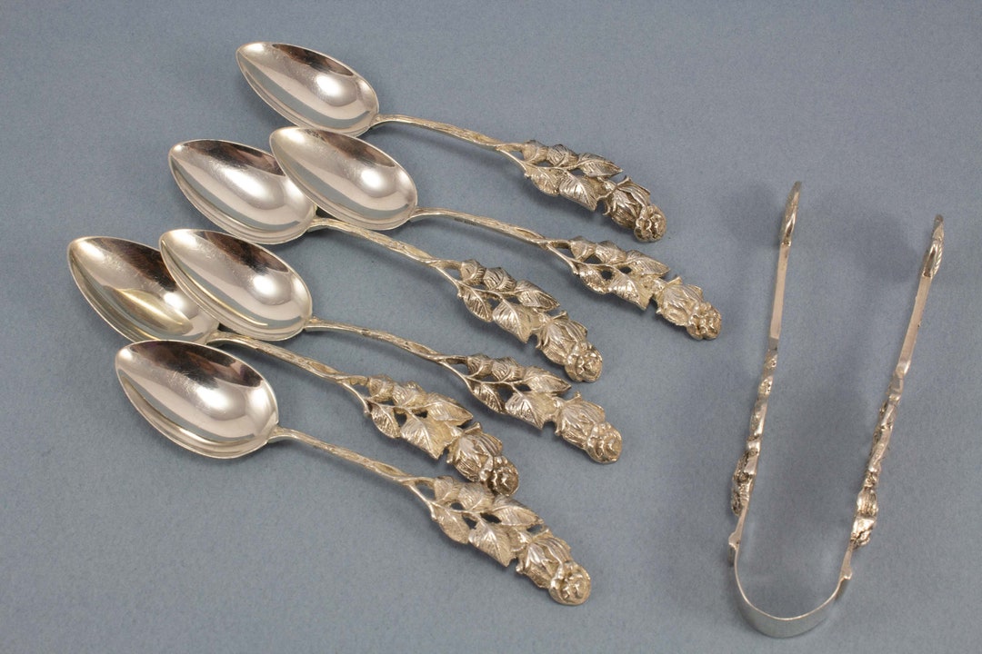 Small Tea Time Set With Sugar Tongs and 6 Mocha Spoons With Rose ...