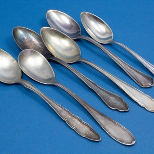 6 silver plated tea spoons with mismatched patterns, shabby chic