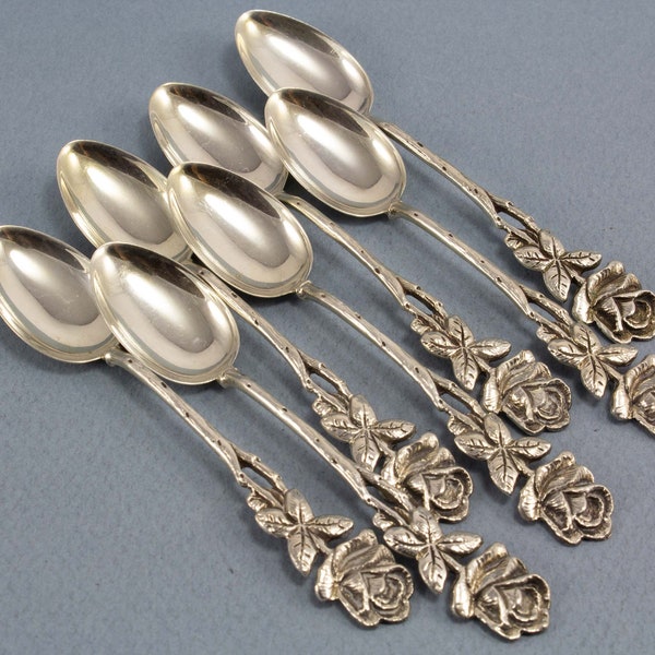 7 mocha spoons made of 800er silver, espresso spoon with roses, Widmann